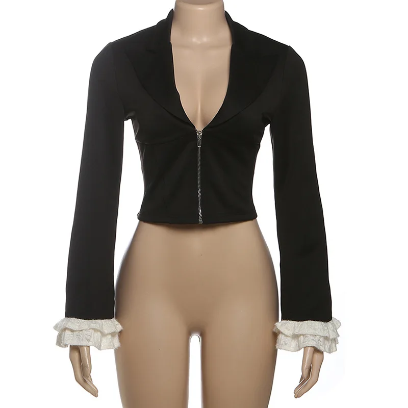 Tornova Sexy Deep V neck Jacket Zipper Coat Women's Contrast Fashion Slim Outwear Long Sleeve Splice High Street Female Jacket