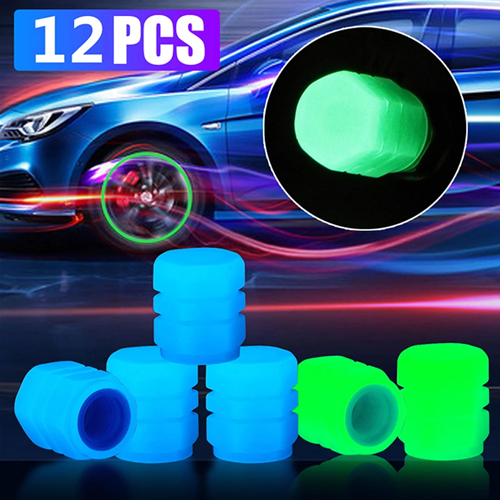 AQTQAQ Luminous Tire Valve Stem Caps, 4/8/12 PCS Glow Tire Air Cap Plastic Covers, Universal for Cars SUVs Motorcycles Bicycles