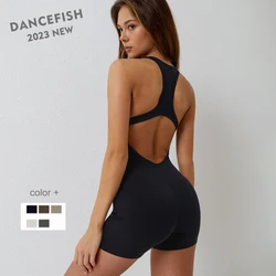 DANCEFISH 2023 nowe kobiety piękne z długim tyłem bez rękawów zestawy z krótkimi spodenkami elegancja z kołnierzykiem Dancewear treningowy siłownia kombinezony do jogi z powietrza