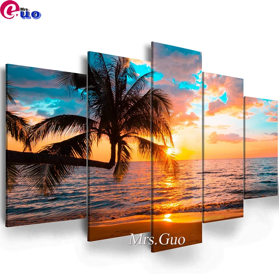 

Diamond Painting 5 pieces Ocean Sunset Landscape Full Square Diamond Embroidery Coconut Tree Multi-picture DIY home decoration