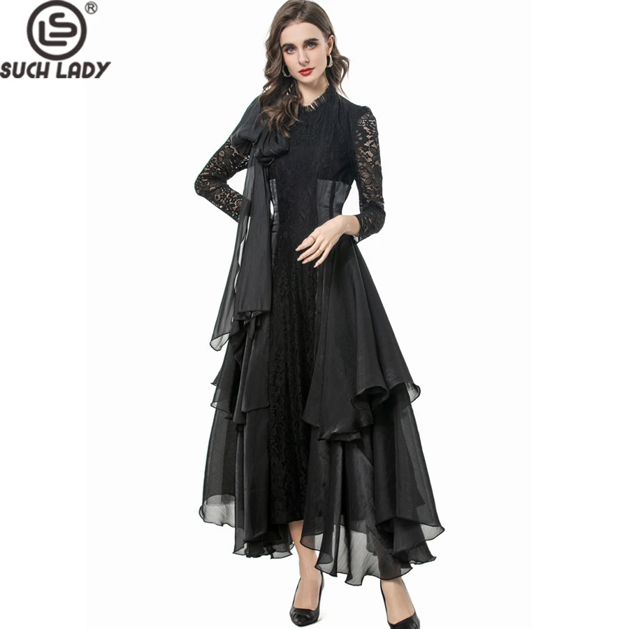 Vestido feminino com babados, gola drapeada, mangas compridas, babados em camadas, elegante, moda, vestido de festa