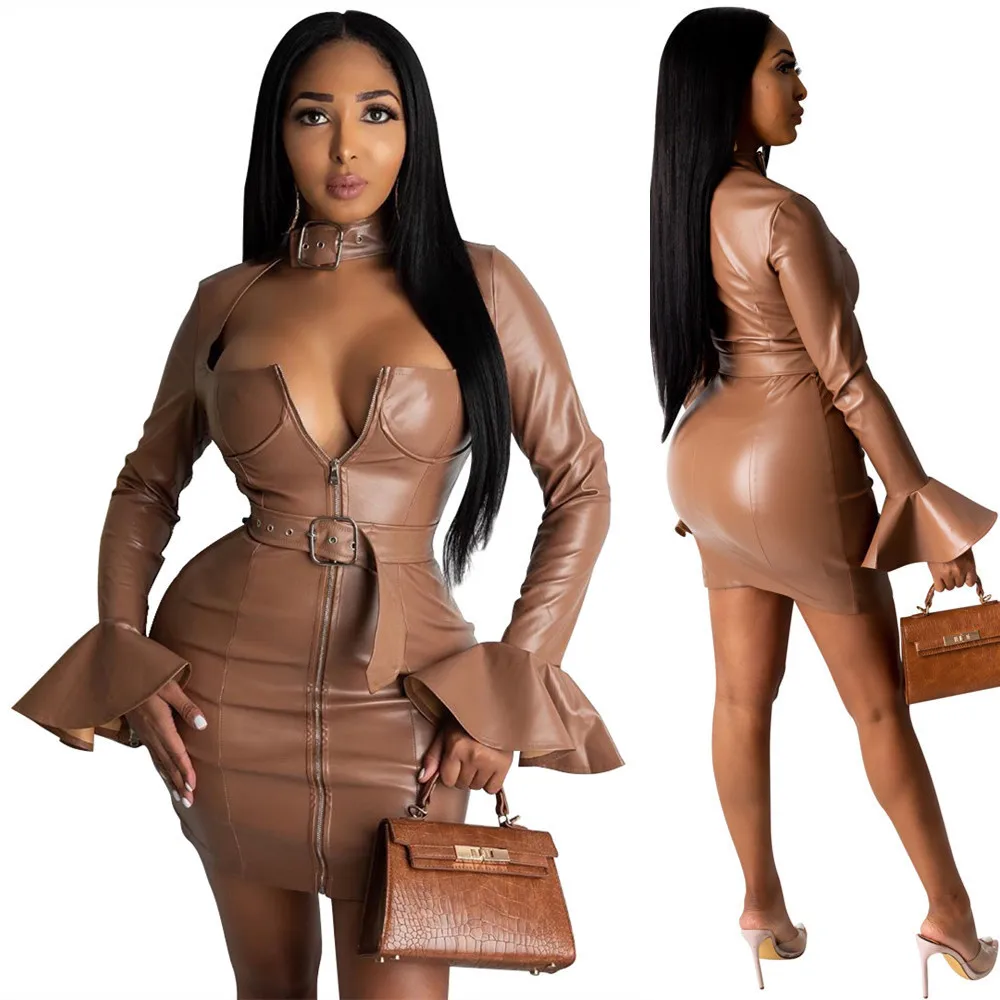 

Women Faux Leather Cutout Front Zipper Fly with Belt Turtleneck Bodycon Midi Dress 2023 Autumn Vestidos Party Dresses