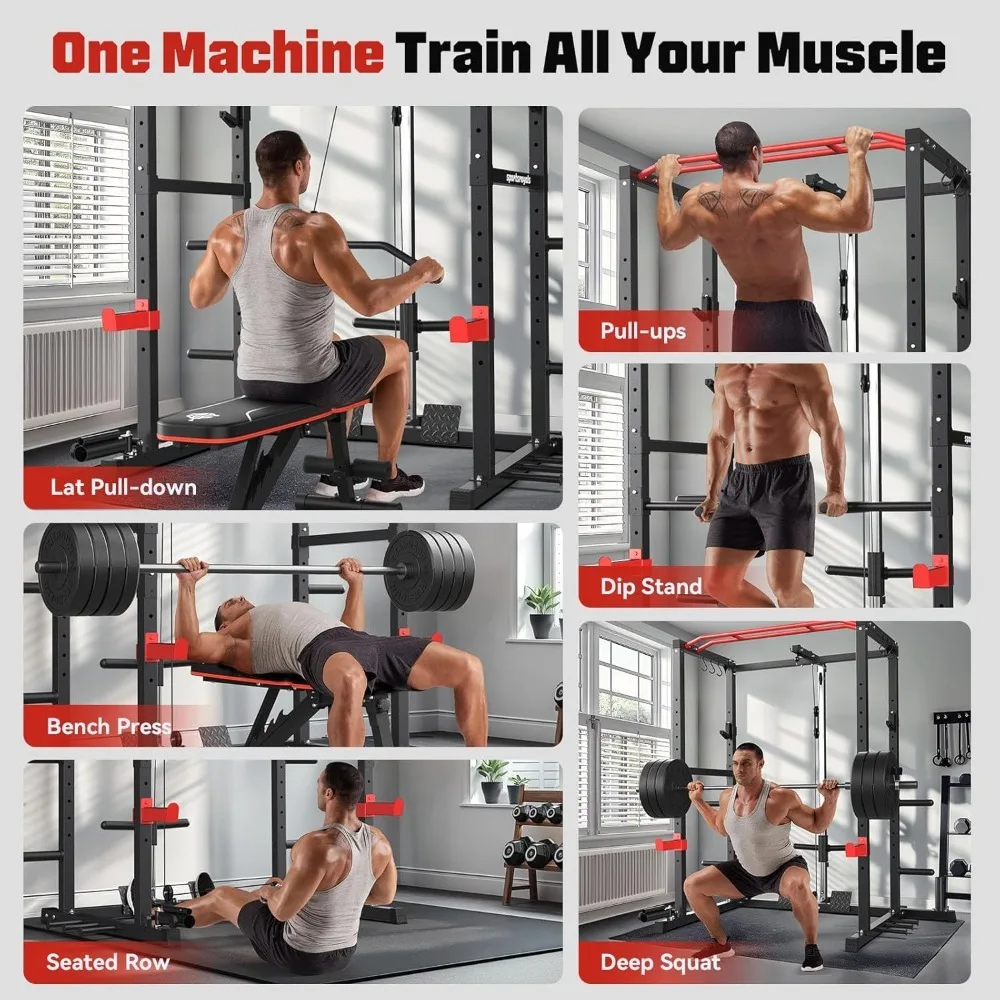 1600lbs Multi-Function Power Rack with Adjustable Cable Crossover System and More Training Attachment,