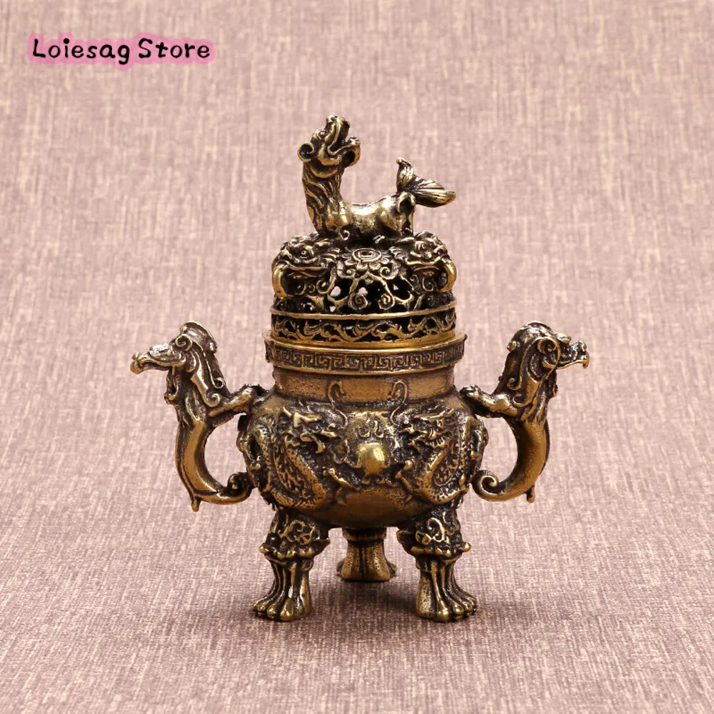 Antique Bronze Ornaments Daming Xuande Double Dragon Play Beads Copper Incense Burner Vintage Brass Incense Burner Collection