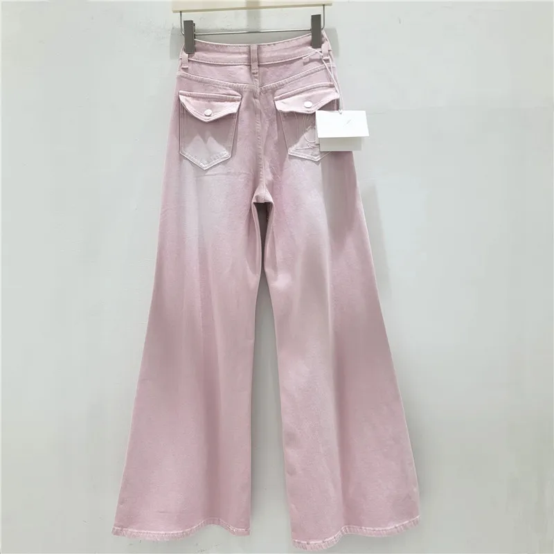 American Retro Pink Flare Jeans 2026 New Spring Summer All-match High Waist Metal Decoration Floor-length Casual Denim Pants