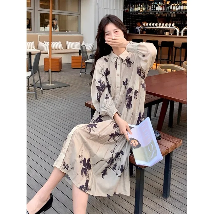 Ele Chinese Water Ink Print Long Sve irt Dr Damen Frühling Herbst A-Linie Midi Dr Baumwollmaterial Blumenmuster