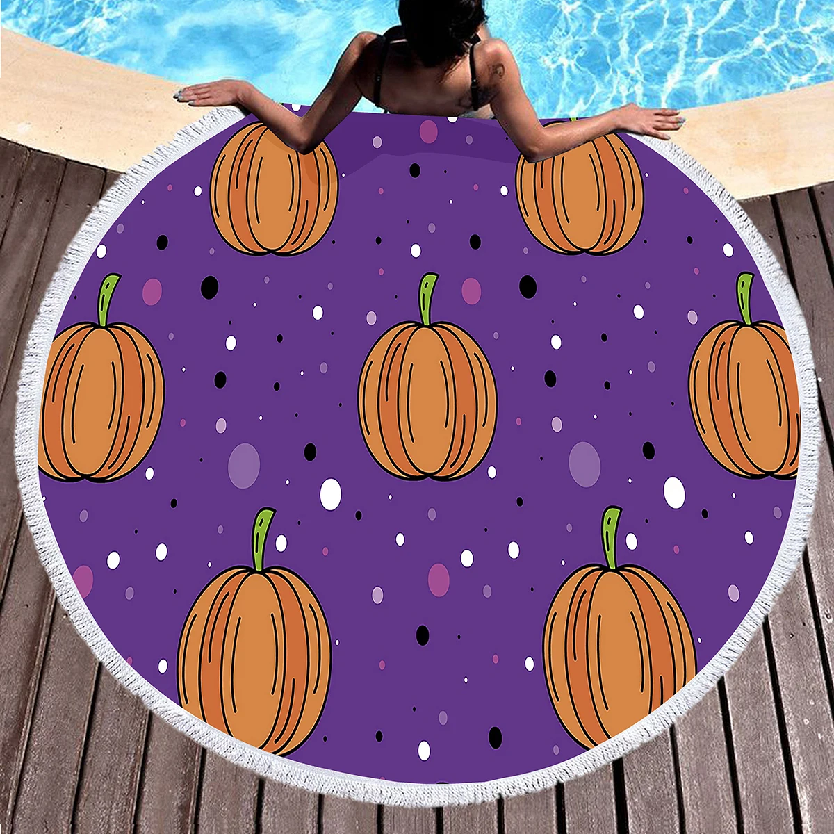 منشفة شاطئ مستديرة للهالوين، مناشف شاطئ على شكل يقطين من الألياف الدقيقة، مناشف حمام سباحة ماصة سريعة الجفاف، بطانية شاطئ خالية من الرمال للسفر #3