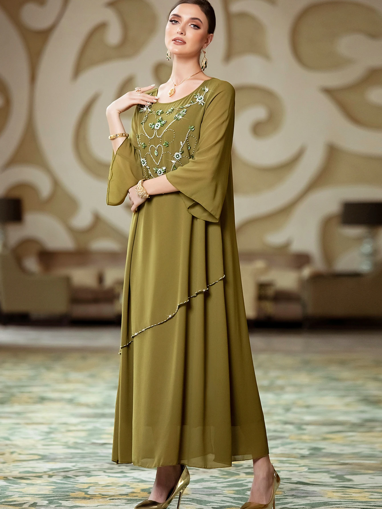 Dubai Abaya Dress For Women Kaftan Loose Long Sleeved Round Neck Maxi Dresses Muslim Fashion Islamic African Traditional