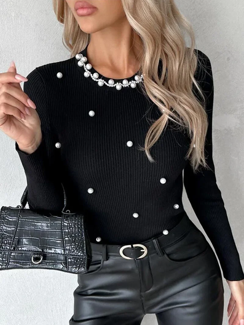 Frauen lässig einfarbig O-Ausschnitt Langarm Perlen Strick pullover