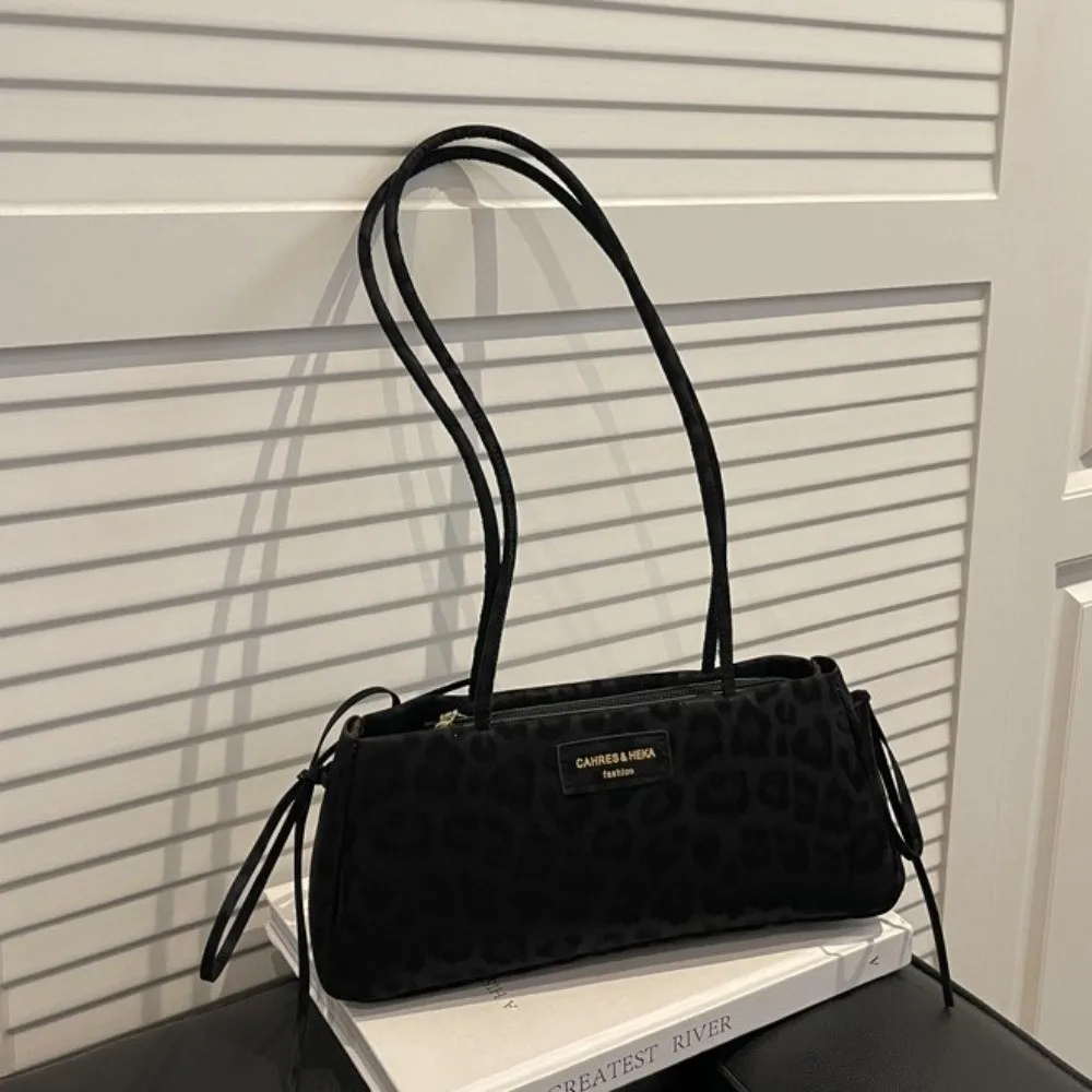 Polyester French Stick Bag Drawstring Bow Textured Leopard Print Shoulder Bag Lightweight Large Capacity Handbag Women