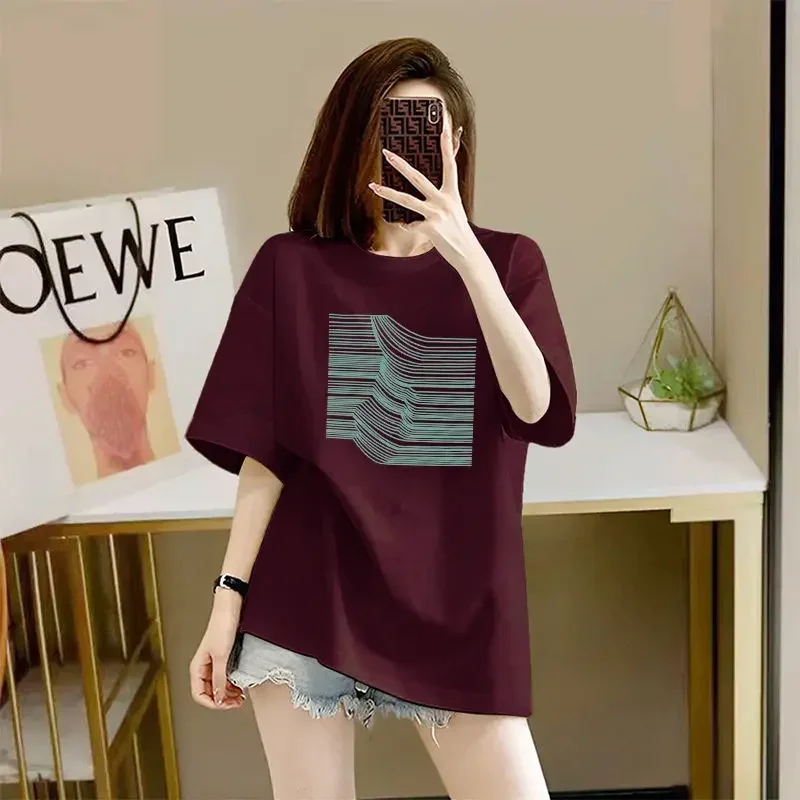 100% cotton short sleeved t-shirt for women's summer 2024 new oversized loose print versatile casual mid length top