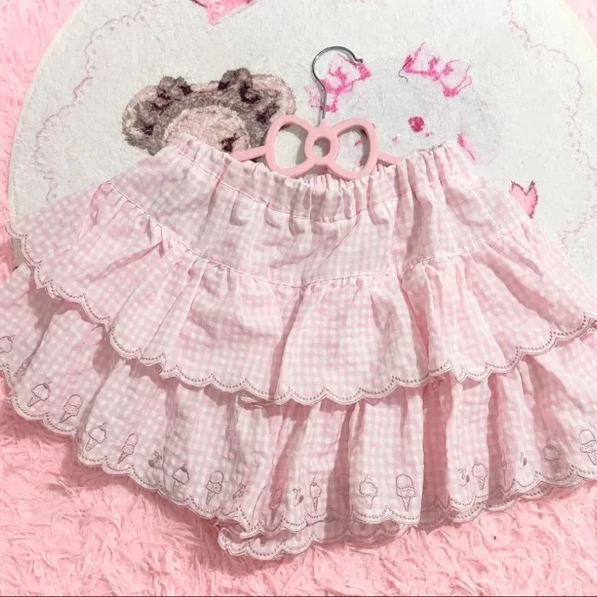 

Милая мини-юбка в клетку с принтом мороженого, многоярусная, с оборками и кружевной отделкой, в стиле Харадзюку, повседневная, для вечеринок, в стиле Y2K