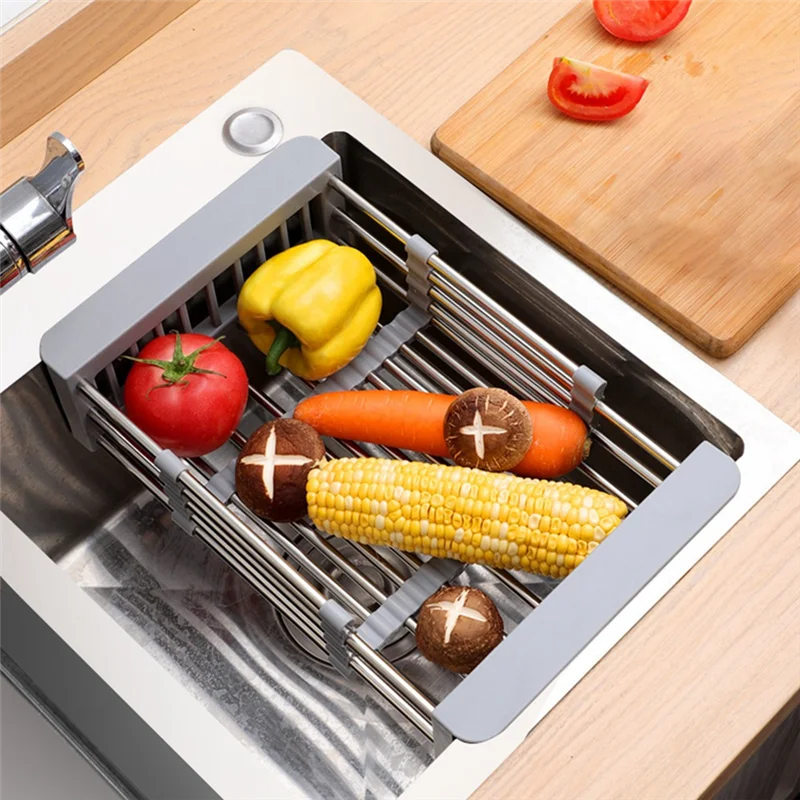 HHO-Retractable Stainless Steel Kitchen Dish Drying Rack, Sink Draining Basket, Fruit And Dish Rack, Dish Washing Baske