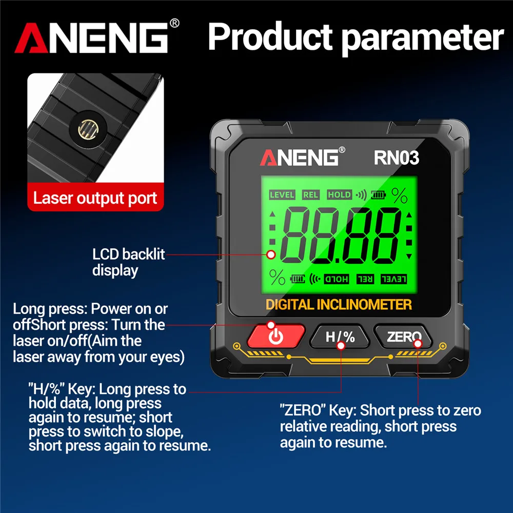 ANENG RN02/RN03 Laser Digital Inclinometer, 4-sided Magnetic Rechargeable Angle Measuring Instrument, 360° Rotation Measurement