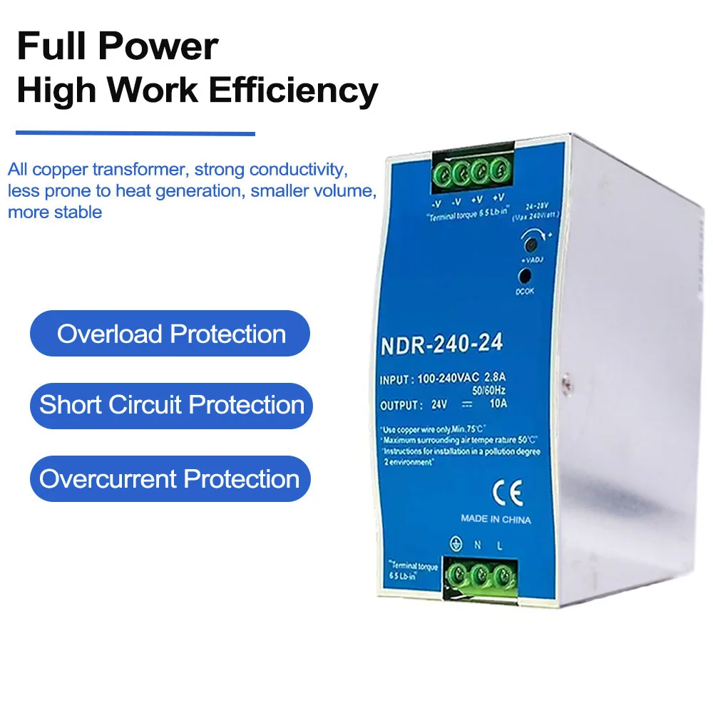Cloweit NDR 240W 24V 48V Industrial DIN Rail Type Single Group Output Transformer 240VAC Switching Power Supply