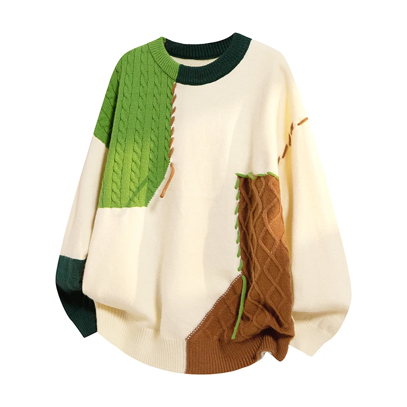 

Мужской вязаный свитер свободного кроя в гонконгском стиле с круглым вырезом, пуловер для весны, осени и зимы, повседневный, модный, из смесового полиэстера