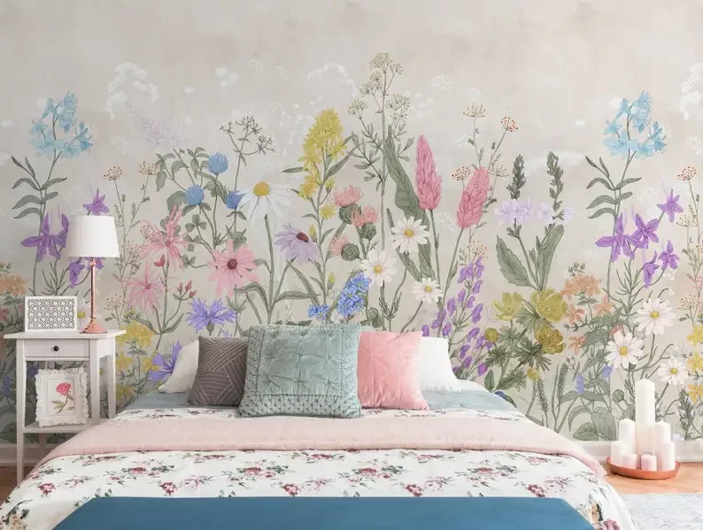 Wild Flower Wallpaper Peel and Stick | Stylish Floral Garden Wall Mural | Colorful Wild Floral Wallpaper