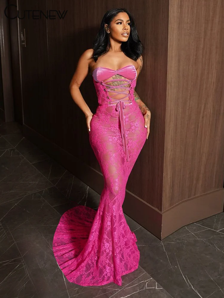 Cutenew Lace Sexy Women Maxi Dress Stunning Coquette See Through Patchwork Drawstring Strapless Bodycon Mujer Midnight Club Robe