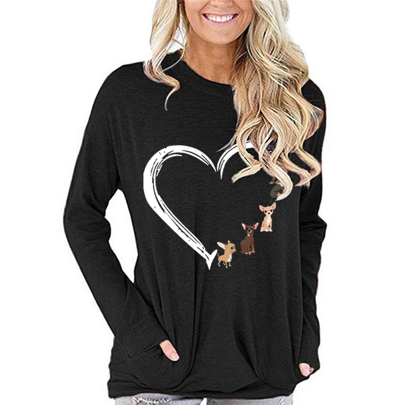 Cute Dog Heart Print Crew Neck T Shirt Women Casual Long Sleeve Autumn Tops Funny Animal Dog Lover Loose Fashion Ladies Tshirts