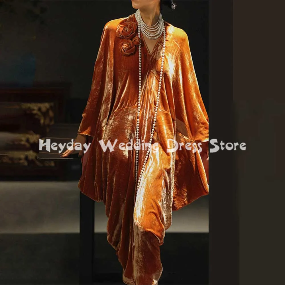 Batwing Sleeve Velvet Mother Of The Bride Dress V Neck 3D Floral Draped Maxi Gown Formal Wedding Guest Evening Party Dress