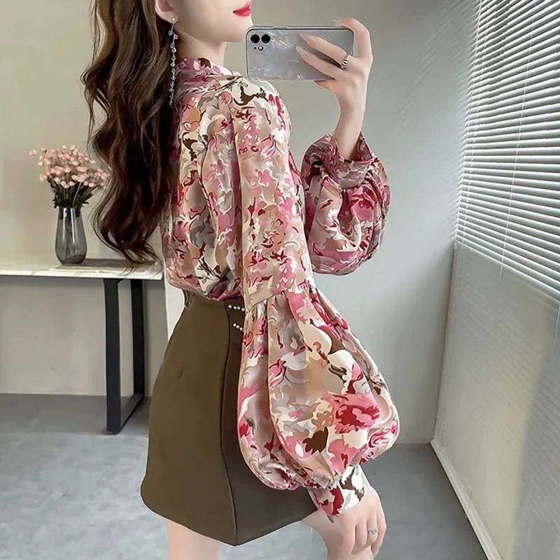 Vintage Printing Folds Floral Lantern Sleeve Blouses Women Clothing 2024 Spring Summer New Loose Korean Tops Office Lady Shirts