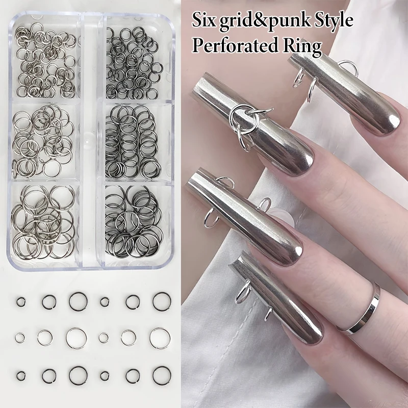 6 Grids Mix Punk Piercing Perforable Round Circle Ring White K Gun Black Alloy Nail Rhinestones Decorations Manicure Charms