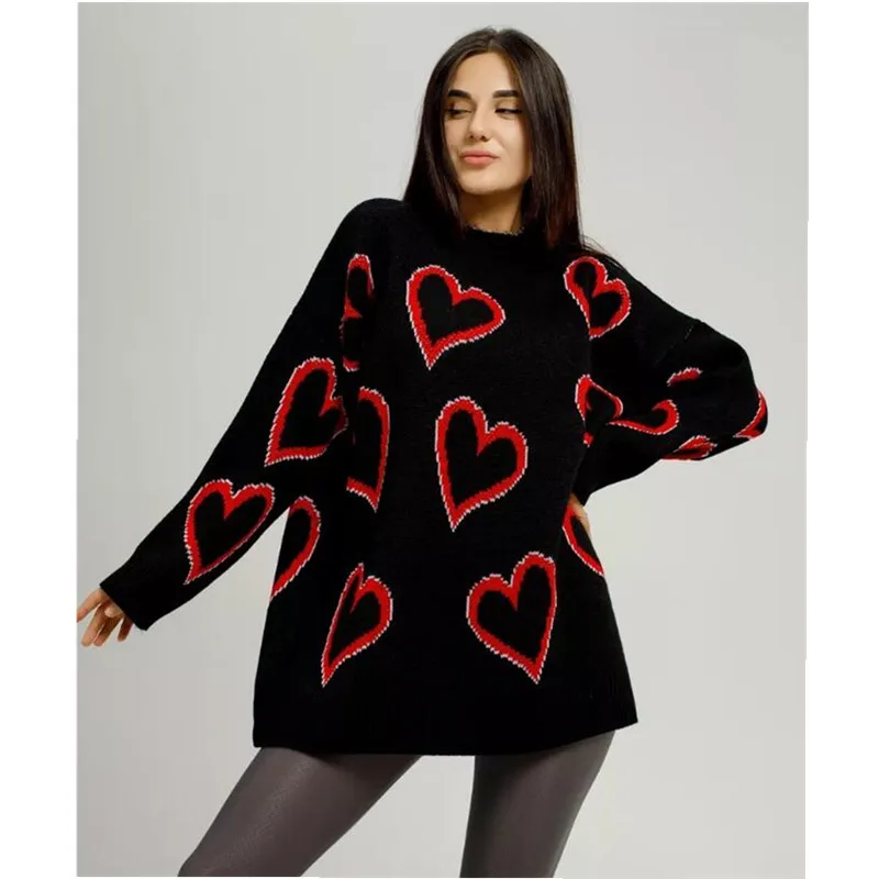 Nieuwe Herfst Winter Vrouwen Love Hart Print Gebreide Trui Dames Ronde Kraag Lange Mouw Losse Pullover S835