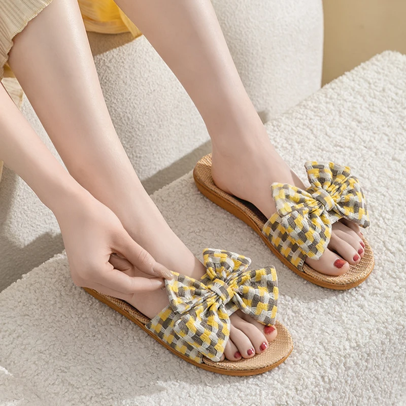 

Bowknot Home Slipper Women Soft Spring Autumn Linen Flip Flops Indoor House Non Slip Sandals Shoe Flat Flax Living Room Ladies