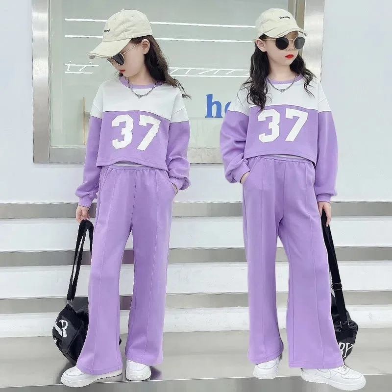 

Children Girl Set Autumn Contrast Patchwork Printed Sweatshirt+Wide-leg Pant Set School Girl Tracksuit Long Sleeve 4-14 Girl Set