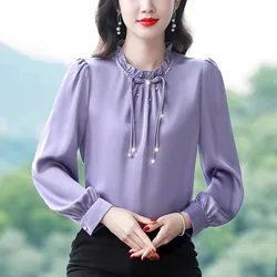 2024 New Women's Shirt Elegant French Standing Collar Plate Button Chiffon Shirt Fashion Solid Color Long Sleeve Commuter Blouse