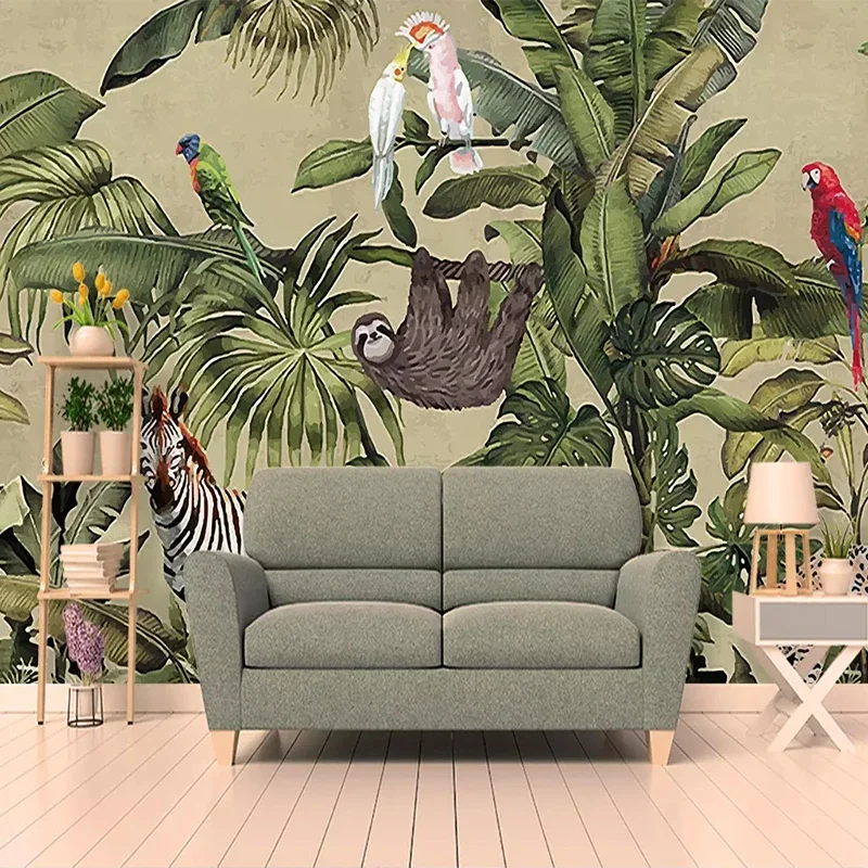 

Custom 3D Mural Wallpaper Retro Tropical Rainforest Animal Palm Leaf Wall Cloth Living Room TV Sofa Background Papel De Parede