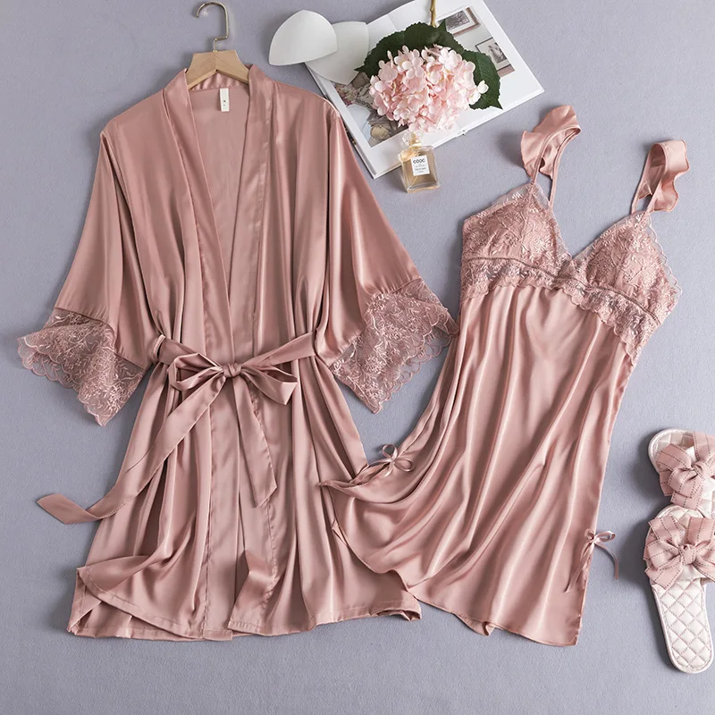 Silk Robe Nightgown Sexy 2Pcs Lace Edge Home Dress Summer Casual Bathrobe Home Dress Sleep Suit Home Clothes Kimono Nightwear