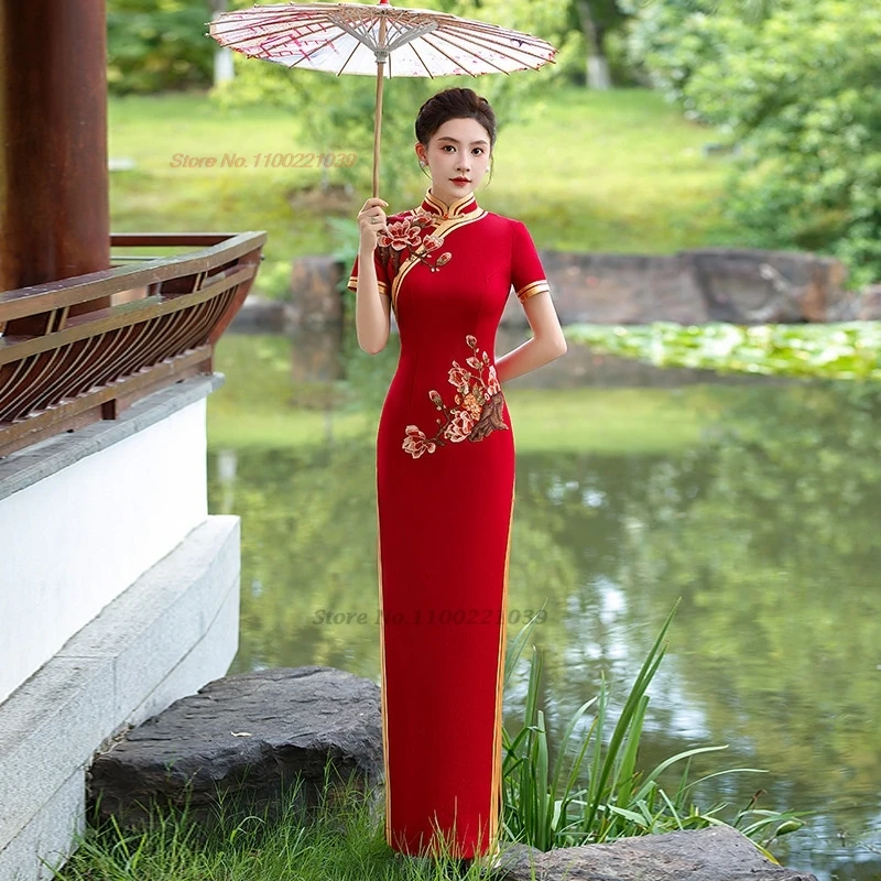 

2025 китайское улучшенное платье Ципао Cheongsam, национальное банкетное платье с цветочной вышивкой, ретро сценическое вечернее платье Ципао