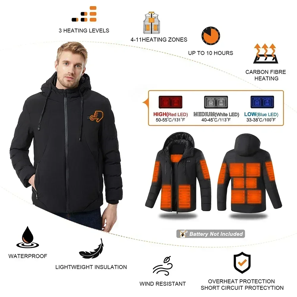 Heated jacket, 4-11 zone smart USB single and double control electric heated Coat, winter camping hiking men's hooded Parka 6XL