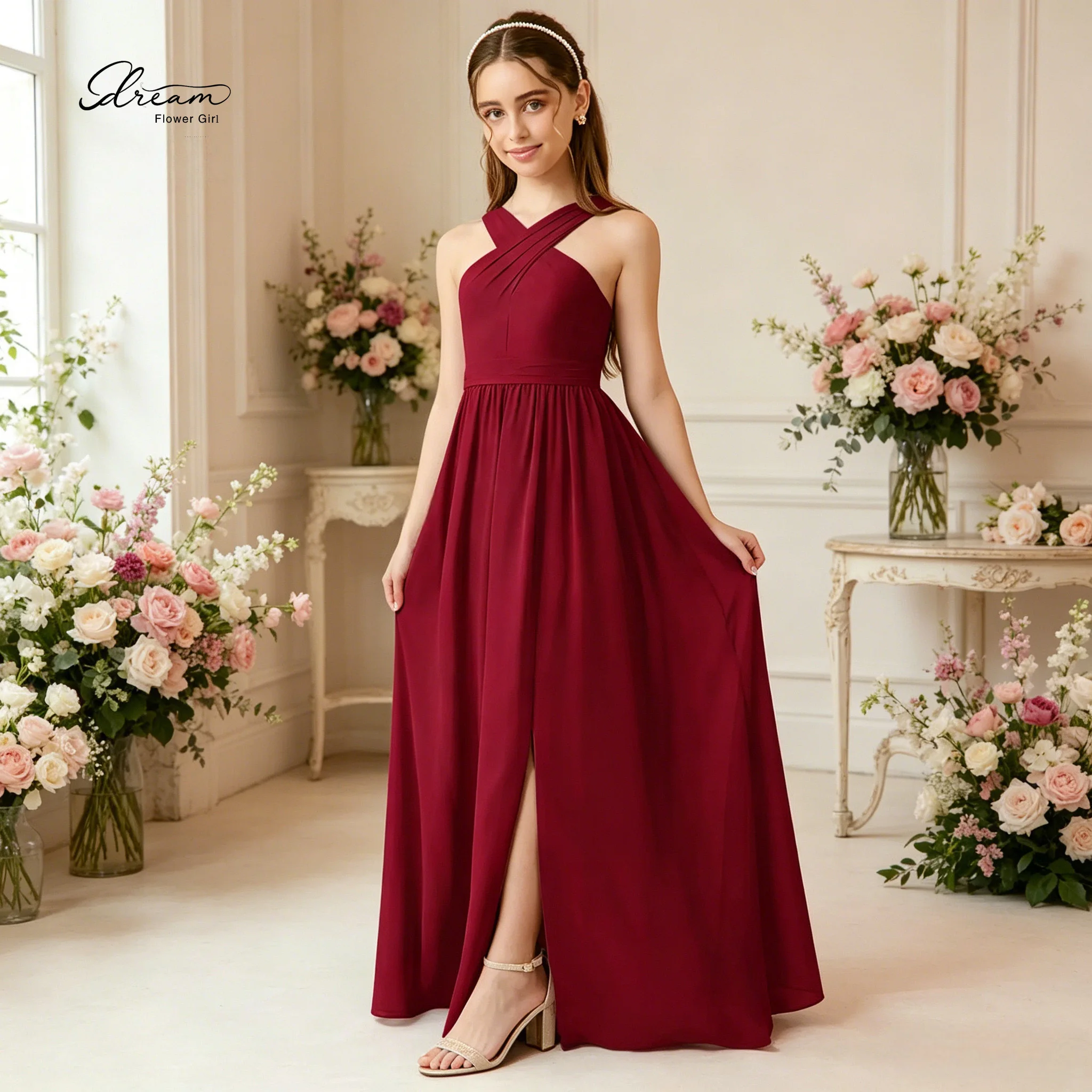 Elegant Red Floor-Length Children's Formal Gown Halter-Neck Strapless Sleeveless Design with Slit and Cinched Waist