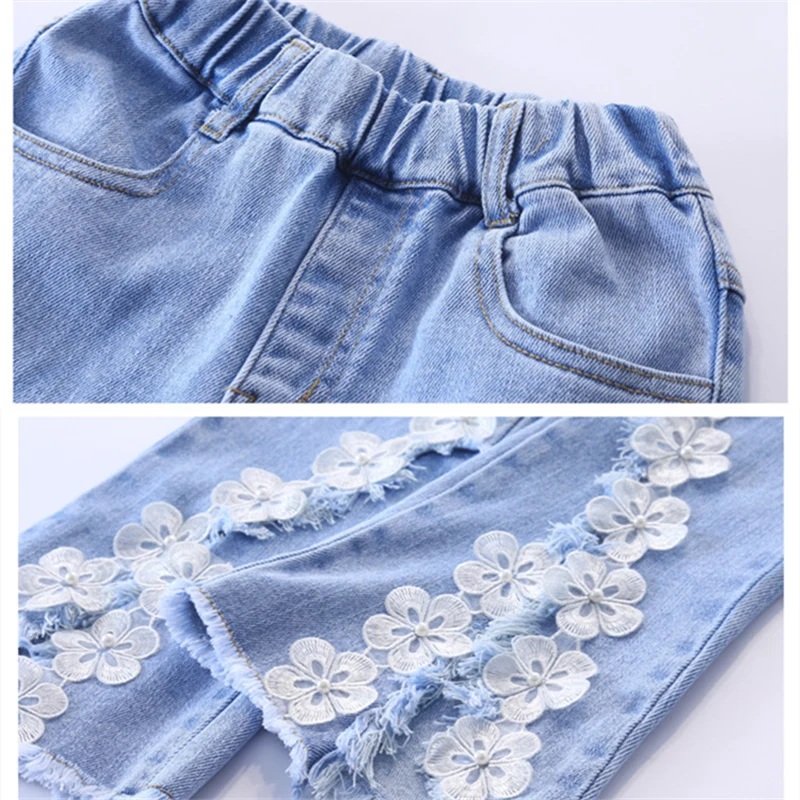 Jean en Denim pour filles de 5 à 14 ans, pantalon élégant et mignon, extensible, joli, avec fleur en dentelle, pour adolescents, printemps