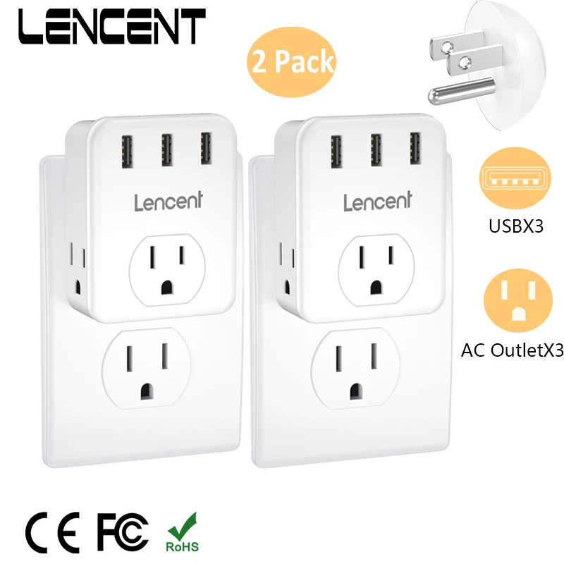 LENCENT 2 PCS US Multi Plug Outlet Extender with 3 Outlets 3 USB Wall Charger 3-Side Widely Spaced Power Adapter for Home Office