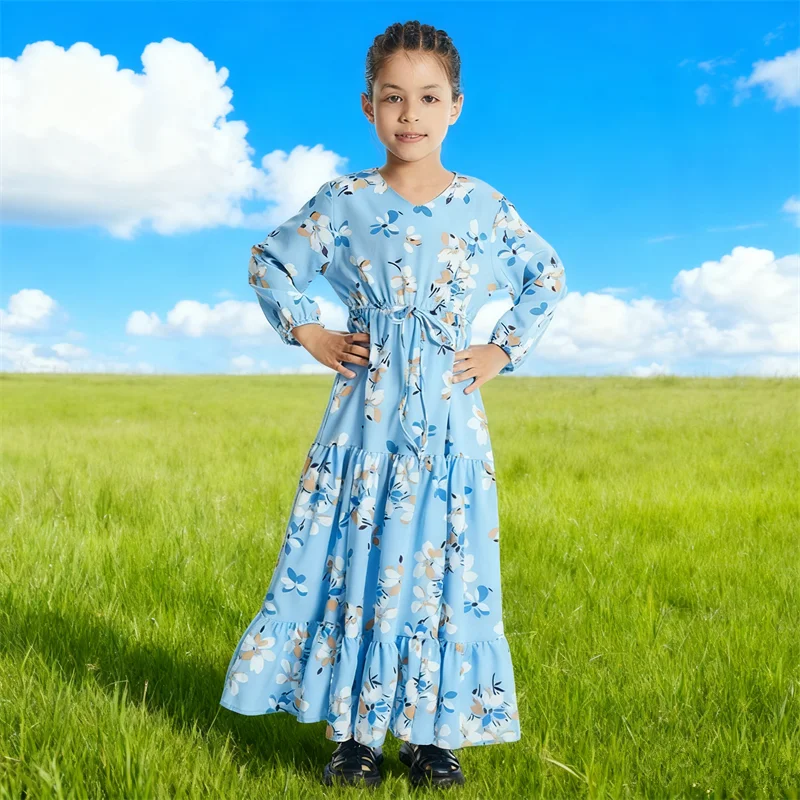 

Новое мусульманское детское платье Абая с цветочным принтом и длинными рукавами для девочек, Дубай, Турция, кафтан, исламская одежда, детское праздничное платье, арабский халат