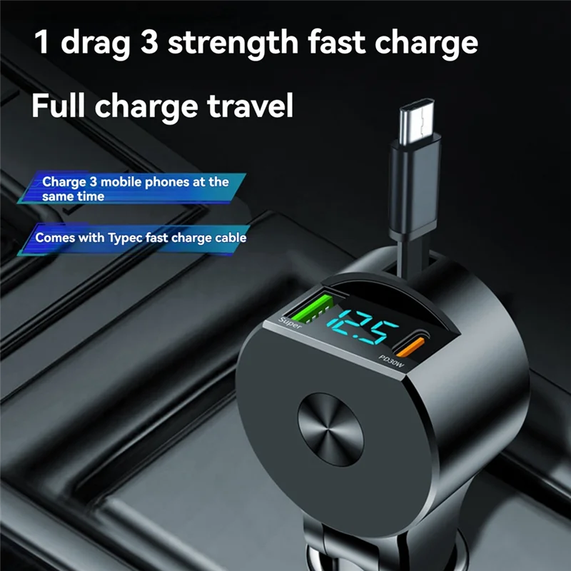 

Digital Display Retractable Cable Car Charger Supports PD30W Fast Charging Super Fast Charging 3-In-1