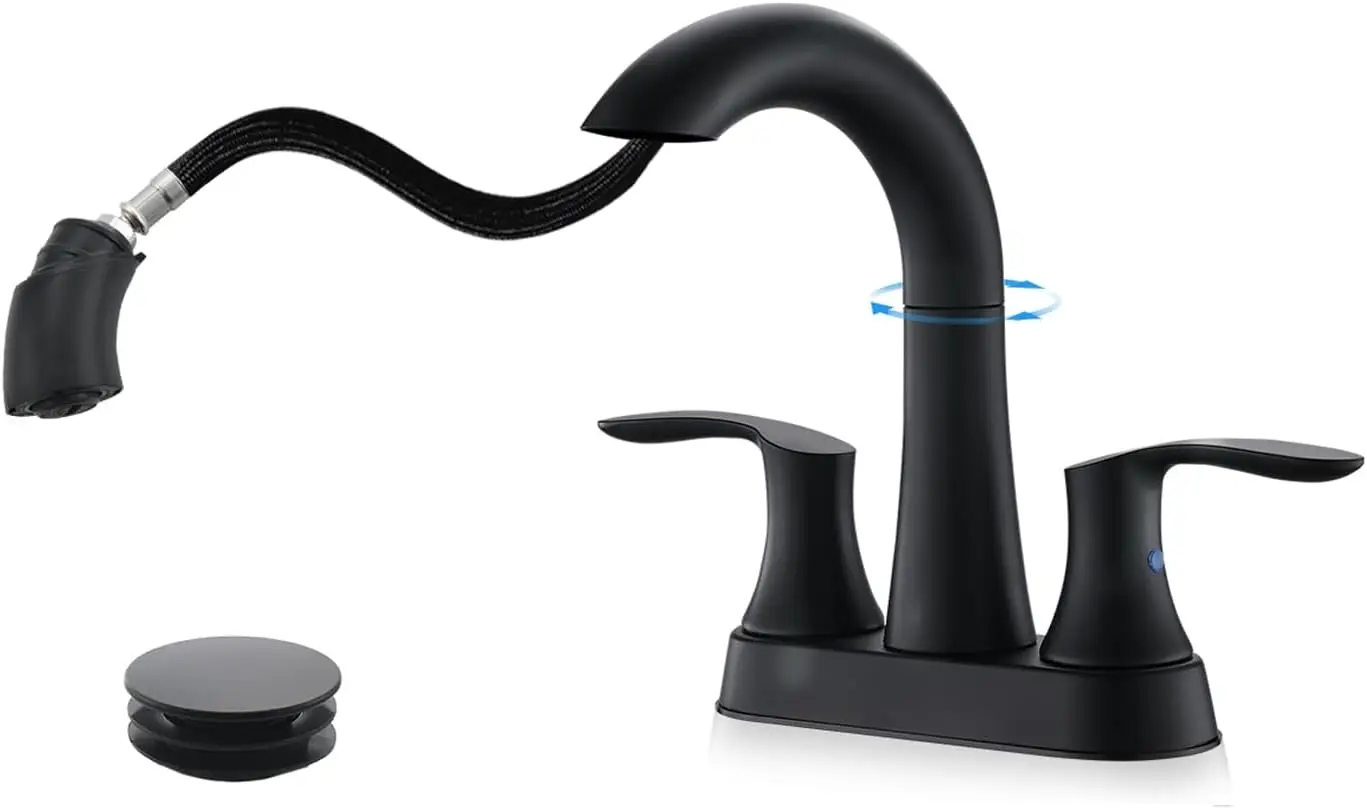

Bathroom Faucet with Pull Out Sprayer 4 Inch 3 Hole Sink Faucet 360 Swivel Pull Down Lavatory Faucet with Pop Up Drain