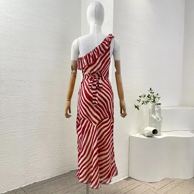 Women's  2025 Sexy New Fashion Red White Striped High Quality Silk Bias Cut Striped Off Shoulder Midi Dresses for Party