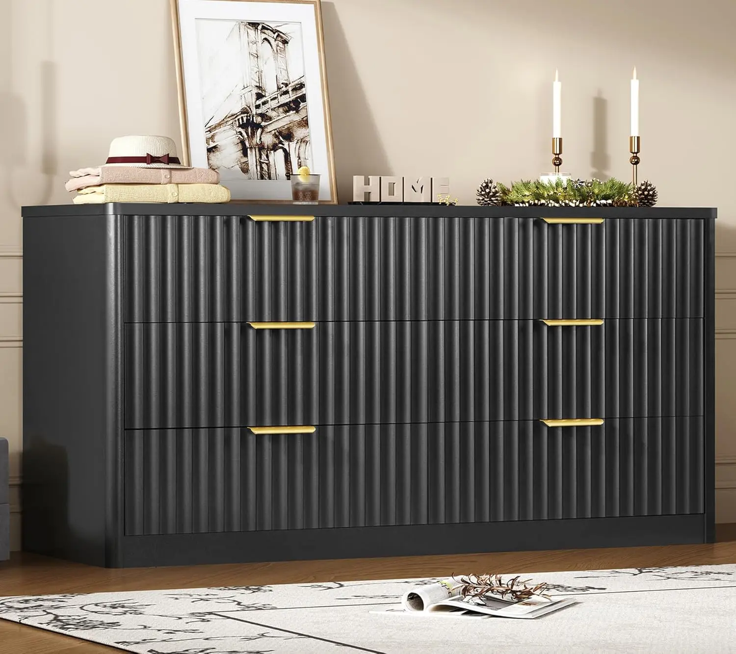 Fluted 6 Drawer Dresser Wide Modern Chest Metal Handle Curved Wood Closet Storage Bedroom Living Room Hallway Black, Customized