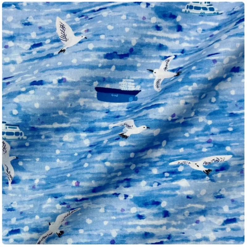 

Sea Gull Boat Print Pure Cotton Fabric, Handmade DIY Patchwork, Notebook, Children Dress, Cap, Change Purse Sewing Material, M29