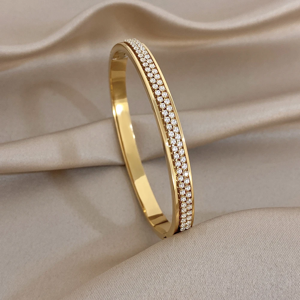 Elegant Double-layer Zircon Shiny Stainless Steel Bangle for Women Italian Chain Spring Golden Waterproof Bracelet Party Jewelry