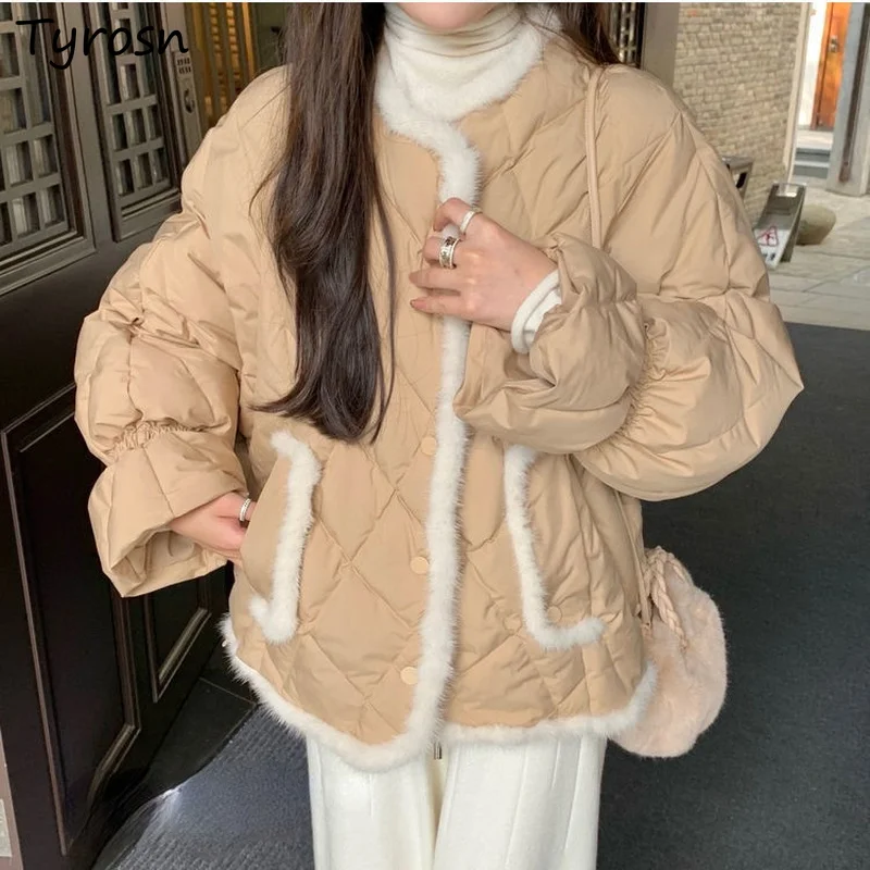 

Women Parkas Sweet Mujer BasicPatchwork O-neck Single Breasted Coats Winter Tender Doudoune Graceful Femme Ulzzang Lovely Warm