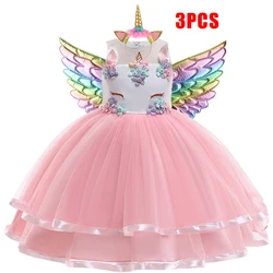 Summer Rainbow Unicorn Girls Dress Cosplay Gown Flower Party Birthday Princess Prom Kids Dresses for Girl Wedding Child Costume