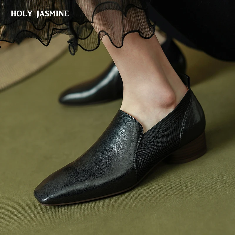 

Retro Women Pumps High Heels 2024 Spring Summer Genuine Leather Square Toe Mature Basic Office Lady Elegant Shoes Woman Pumps