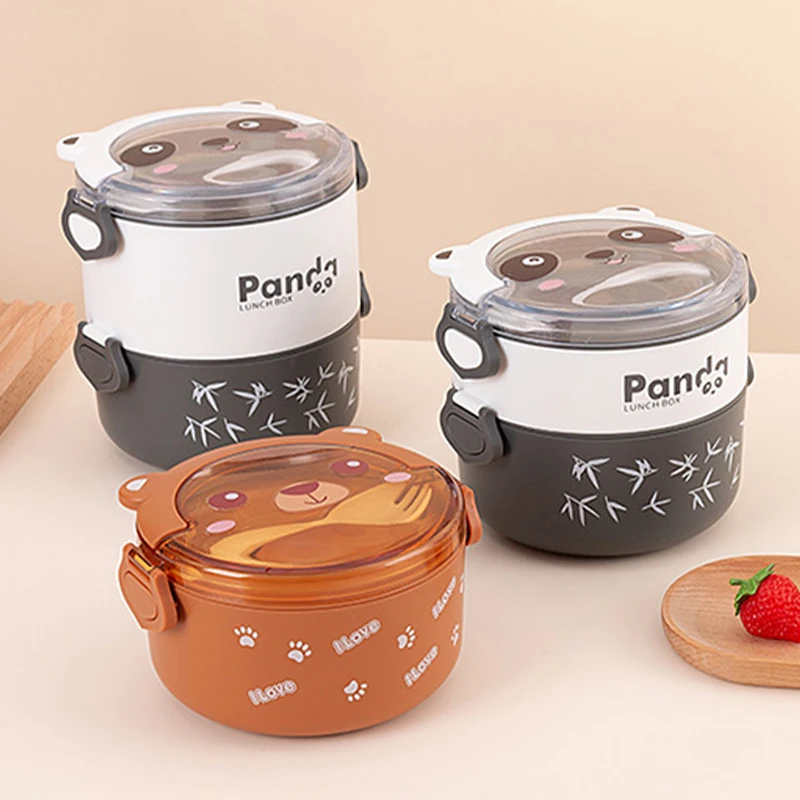 1000/1580/2000ml Portable Round Cartoon Lunch Box Double-layer Cute Panda Bear Bento Box for Children Students