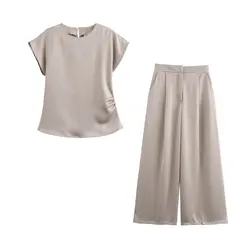 TRAFZA Elegant Casual Satin Short Sleeve Loose Top Set Women's New 2024 Summer Fasion Holiday Homeswear Wide-Legged Pant Set