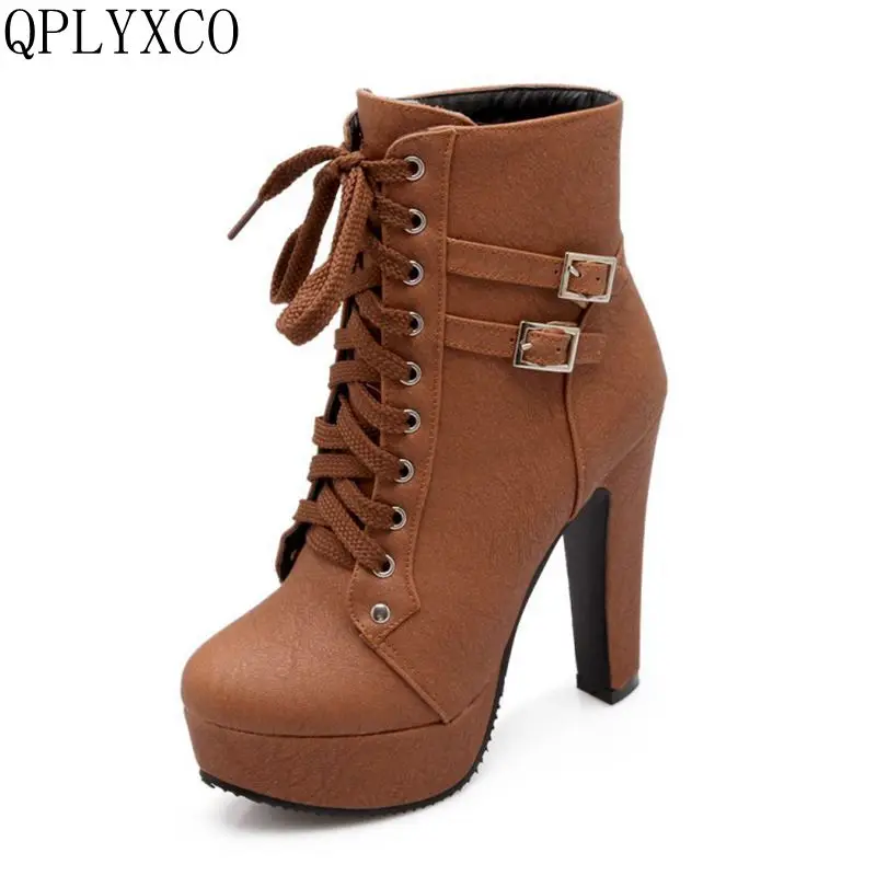 QPLYXCO 2017 New Super Big &small Size 30-50 Autumn Winter Ankle Boots shoes Women\'s short Boots lace up High Heel(12CM) C-3